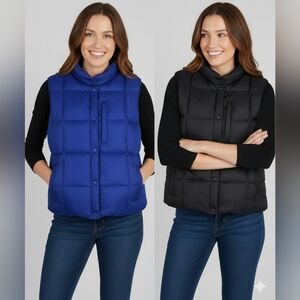 Columbia Women REVERSIBLE  puffer snap vest Sz M Black Cobalt Blue Pockets